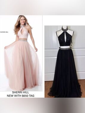 SHERRI HILL 2 PC BEADED EMBELLISHED HALTER TOP AND TULLE SKIRT Black Prom Dress